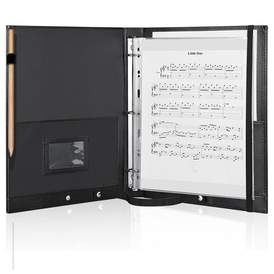 Picture of MUDOR Premium Choral Muisc Folder, PU Choir Folder with Hand Strap and Internal Retention Strap,3 Ring Black Choir Binder for Musician, Choir Singer, Stage Performance