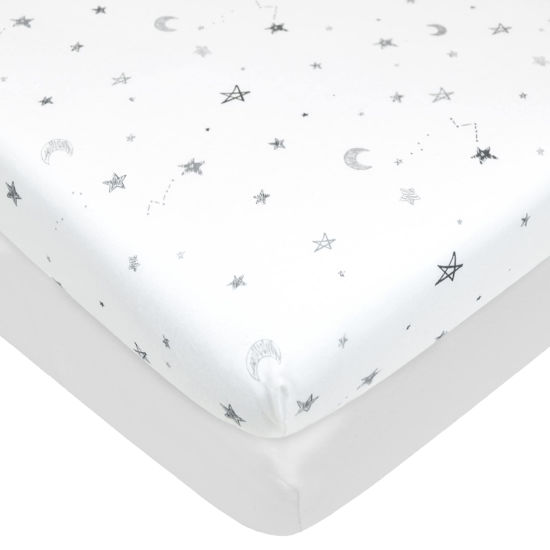 Picture of American Baby Company 2 Pack Printed 100% Natural Cotton Jersey Knit Fitted Pack N Play Playard Sheet, Gray Star and White, Soft Breathable, for Boys and Girls