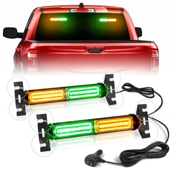 Picture of HLauto 1002L Emergency Strobe Traffic Advisor Light Bar: 40 LED Dash Safety Warning Flashing Light, Front/Rear Windshield Visor Light for Construction Vehicle, Tow/Plow Truck (2x10.7inch, Amber Green)