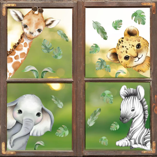 Picture of 22.44 x 21.25 Inch Watercolor Jungle Animal Window Clings Tiger Lion Elephant Zebra Window Stickers Double-Side Safari Animal Window Stickers for Baby Nursery Playroom Bedroom Window Glass Wall Decor