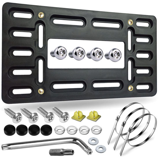 Picture of Aootf Front License Plate Bracket Holder - Universal Front Bumper License Plate Mounting Kit, 2 Drill Holes Car Tag Adapter with Anti Theft Stainless Steel Screw Bolt Caps