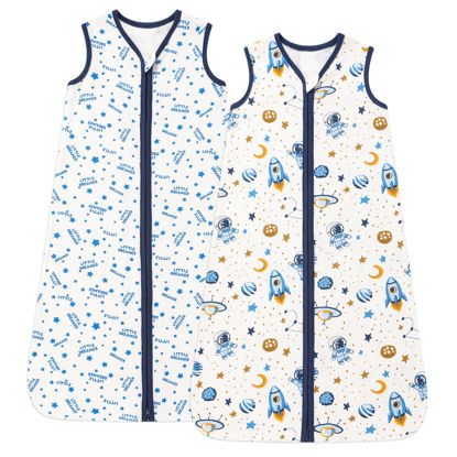 Picture of DaysU Cotton Baby Sleep Sack, Sleeveless Baby Sleeping Bag with Two-Way Zipper, Embroidered and Printed Baby Wearable Blanket for Newborn Baby Unisex 12-18 Months, 2-Pack, Blue Space, 0.5 TOG