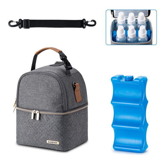 Picture of BABEYER Breastmilk Cooler Bag with Ice Pack Fits 6 Baby Bottles up to 9 Ounce, Breast Milk Pump Cooler Bag with Shoulder Strap for Nursing Mom Daycare, Work, Travel- Dark Grey