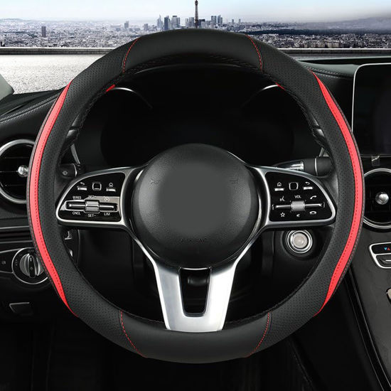Picture of Car Steering Wheel Cover, Leather Steering Wheel Cover Red Universal 14.5-15 Inch Microfiber Leather Anti-Slip Breathable Auto Steering Wheel Covers for Men Women (Black&Red)