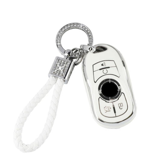 Picture of PIFOOG White Key Fob Cover for Buick 6 Buttons Car Keys Shell Case Protector Soft TPU Bling Keychain for Buick Enclave Encore LaCrosse Regal Envision Accessories Girly Women