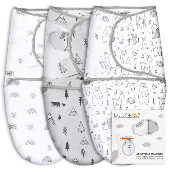 Picture of Mama Cheetah Organic Baby Swaddle Blanket, Adjustable Newborn Swaddle Sleep Sacks, Easy Swaddles for Boys and Girls 0-3 Months, Nursery Swaddling Essentials, 3-Pack