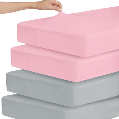 Picture of Stretchy Crib Sheets for Boys or Girls, 4 Pack Baby Crib Sheets Fitted for Standard Crib and Toddler Mattress 52" x 28", Soft and Breathable Fitted Crib Sheets Neutral, Grey & Pink