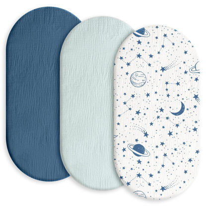 Picture of Gllquen Baby Muslin Bassinet Sheets 3 Pack, Breathable Elastic Cozy Fitted Cotton Bassinet Mattress Sheet for Baby Boy Girls, Fit for Hourglass Oval Rectangular Cradle Pad Sheets 33"X17" (Blue)