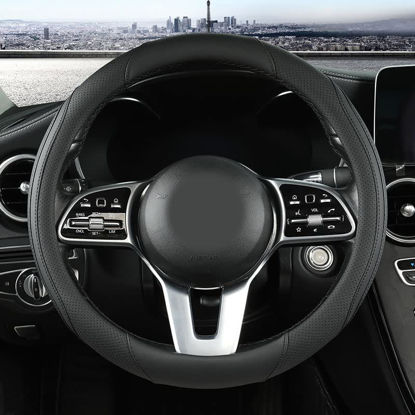 Picture of Car Steering Wheel Cover, Leather Steering Wheel Cover Black Universal 14.5-15 Inch Microfiber Leather Anti-Slip Breathable Auto Steering Wheel Covers Accessories for Men Women