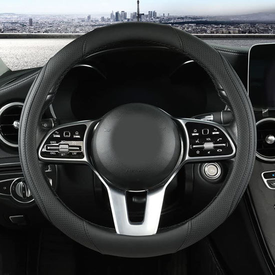 Picture of Car Steering Wheel Cover, Leather Steering Wheel Cover Black Universal 14.5-15 Inch Microfiber Leather Anti-Slip Breathable Auto Steering Wheel Covers Accessories for Men Women