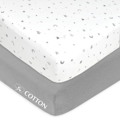 Picture of American Baby Company 2 Pack Fitted Crib Sheets 28" x 52", Soft Breathable Neutral 100% Cotton Jersey Sheet, Gray Stars and Gray, for Boys and Girls, Fits Crib and Toddler Bed mattresses