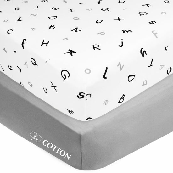 Picture of American Baby Company 2 Pack Fitted Crib Sheets 28" x 52", Soft Breathable Neutral 100% Cotton Jersey Sheet, Alphabet and Gray, for Boys and Girls, Fits Crib and Toddler Bed mattresses
