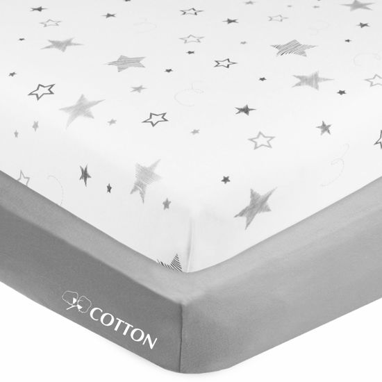 Picture of American Baby Company 2 Pack Fitted Crib Sheets 28" x 52", Soft Breathable Neutral 100% Cotton Jersey Sheet, Super Stars and Gray, for Boys and Girls, Fits Crib and Toddler Bed mattresses
