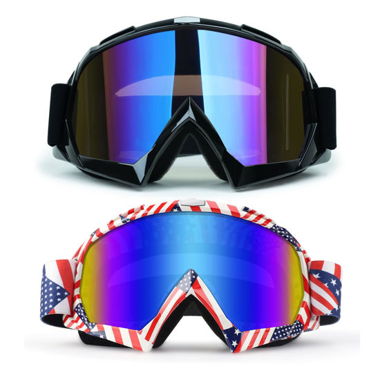 Picture of XYOP Motorcycle Goggles 2 Pack ATV Dirt Bike Motocross Goggles MX Riding Goggels UTV Helmet Goggles Offroad Goggle UV400 Windproof Powersports Goggle for Adults Youth Kids（Flag&Black Frame+Color Lens）