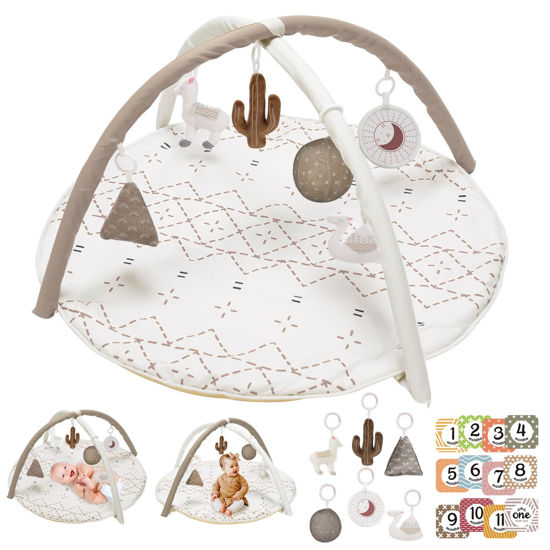 Picture of Tummy Time Mat with 6 Toys, Macrame Baby Play Mat for Newborn, Baby Gym with 12 Milestone Cards, Stage-Based Sensory and Motor Skill Development Baby Play Gym, Non Slip Mat Washable, Khaki