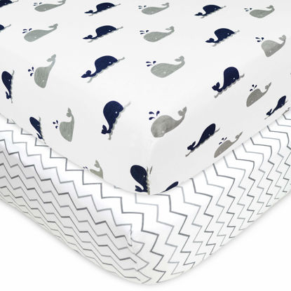 Picture of American Baby Company 2 Pack Fitted Crib Sheets 28" x 52", Soft Breathable Neutral 100% Cotton Jersey Sheet, Navy Whale/Grey Zigzag, for Boys and Girls, Fits Crib and Toddler Bed mattresses