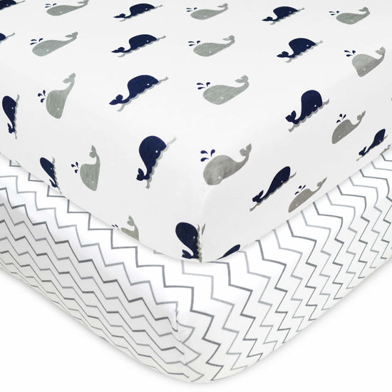 Picture of American Baby Company 2 Pack Fitted Crib Sheets 28" x 52", Soft Breathable Neutral 100% Cotton Jersey Sheet, Navy Whale/Grey Zigzag, for Boys and Girls, Fits Crib and Toddler Bed mattresses