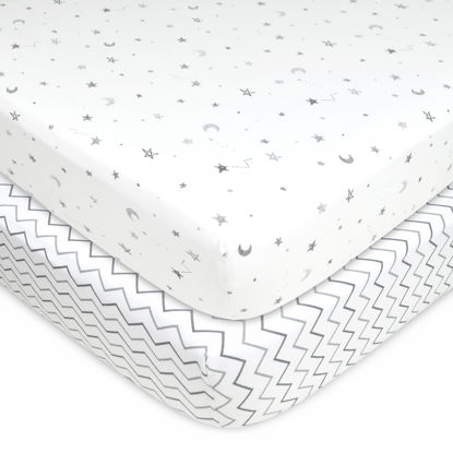 Picture of American Baby Company 2 Pack Fitted Crib Sheets 28" x 52", Soft Breathable Neutral 100% Cotton Jersey Sheet, Gray Star/Gray Zigzag, for Boys and Girls, Fits Crib and Toddler Bed mattresses