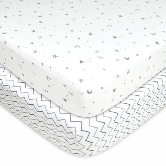 Picture of American Baby Company 2 Pack Fitted Crib Sheets 28" x 52", Soft Breathable Neutral 100% Cotton Jersey Sheet, Gray Star/Gray Zigzag, for Boys and Girls, Fits Crib and Toddler Bed mattresses