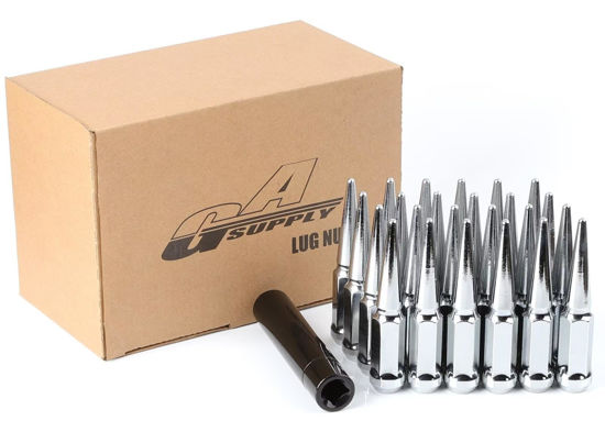 Picture of GAsupply 14x1.5 Spike Lug Nuts Chrome, Closed End Bulge Acorn 14mmx1.5 Spiked Lug Nuts Bullet Wheel Nuts 4.4" Tall 3/4'' 19mm Hex Cone/Conical Seat, Set of 24+1 Key