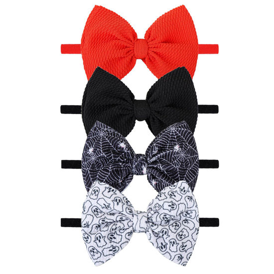 Picture of YanJie Halloween Baby Girl Headbands with Bows, Spider Nylon Headband Ghost Printed Hairbands Bow Festival Hair Decoration for Newborns Infants Toddler Black Orange