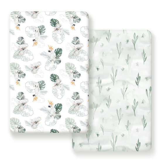 Picture of GRSSDER Stretch Ultra Soft Jersey Knit Fitted Pack n Play Playard Sheets Set 2 Pack，Fits Portable/Mini Cribs Sheets, Playards Mattress Pads, Stylish Watercolor Animals for Baby, Mint Green