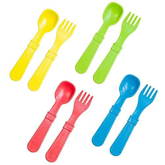 Picture of Re-Play Made in USA Toddler Forks and Spoons, Pack of 8 Without Carrying Case - 4 Kids Forks with Rounded Tips and 4 Deep Scoop Toddler Spoons - 0.2" Thick Toddler Utensils, Preschool