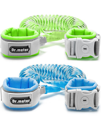 Picture of Dr.meter Anti Lost Wrist Link, 2 Pack Toddler Safety Leash with Key Lock, Reflective Child Walking Harness - Dual 8.2ft Length Blue & Green Kids Leash for Supermarket Mall Airport Amusement Park Zoo