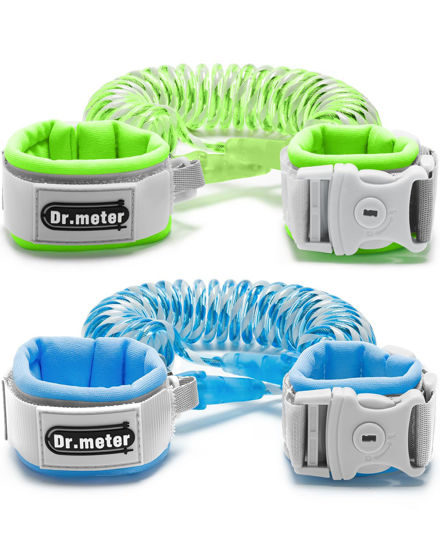 Picture of Dr.meter Anti Lost Wrist Link, 2 Pack Toddler Safety Leash with Key Lock, Reflective Child Walking Harness - Dual 8.2ft Length Blue & Green Kids Leash for Supermarket Mall Airport Amusement Park Zoo