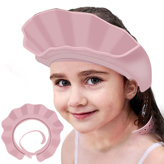 Picture of KOMIDK Baby Kids Shower Cap Shower Cap for Kids Shampoo Bath Bathing Hat Silicone Adjustable Washing Hair Shower Bathing Protection Bath Cap for Toddler, Baby, Kids, Children (Pink)