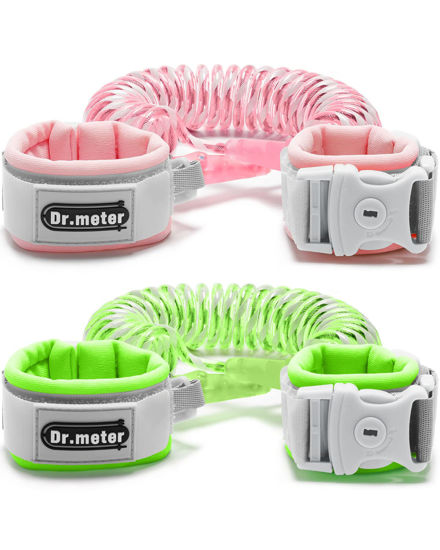 Picture of Dr.meter Anti Lost Wrist Link, 2 Pack Toddler Safety Leash with Key Lock, Reflective Child Walking Harness - Dual 8.2ft Length Pink & Green Kids Leash for Boys and Girls Outdoor Essencial
