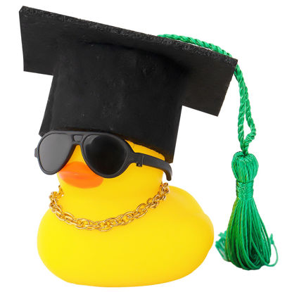 Picture of wonuu Car Dashboard Decor Graduation Hat Rubber Duck, Car Ducks Ornaments with Mini Hat Necklace Sunglasses Scarf (Green)