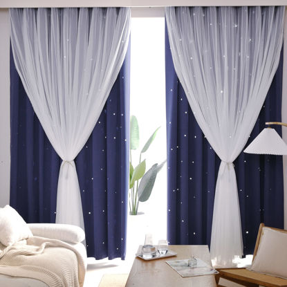 Picture of Kinryb 84" Long Kids Curtains Starry Curtains 2 Layer Curtains Extra Wide Thermal Insulated Sound Reducing Blackout Drape for Living Room/Nursery/Classroom 2 Pieces with Tiebacks Navy Blue 70W x 84L