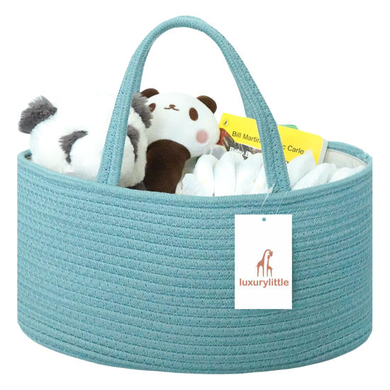 Picture of Baby Diaper Caddy Organizer, Extra Large Cotton Rope Nursery Diaper Basket, Changing Table Organizer, Portable Tote Bag with Divider, Car Storage, Baby Shower Gifts for Newborn Girls - Lake Blue