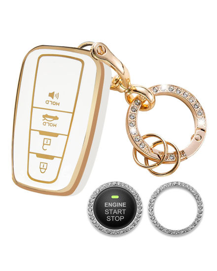 Picture of Homaupt for Toyota Key Fob Cover Compatible with Toyota Highlander RAV4 Camry Avalon Corolla C-HR Prius GT86 2018-2022, Soft TPU Key Shell Protection Case with Bling Ring Car Sticker White