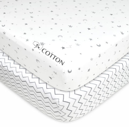 Picture of American Baby Company 2 Pack Fitted Crib Sheets 28" x 52", Soft Breathable Neutral 100% Cotton Jersey Sheet, Grey Stars and Zigzag, for Boys and Girls, Fits Crib and Toddler Bed mattresses