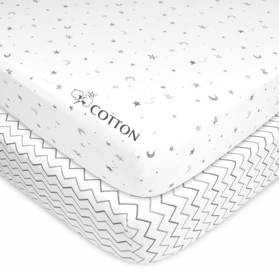 Picture of American Baby Company 2 Pack Fitted Crib Sheets 28" x 52", Soft Breathable Neutral 100% Cotton Jersey Sheet, Grey Stars and Zigzag, for Boys and Girls, Fits Crib and Toddler Bed mattresses
