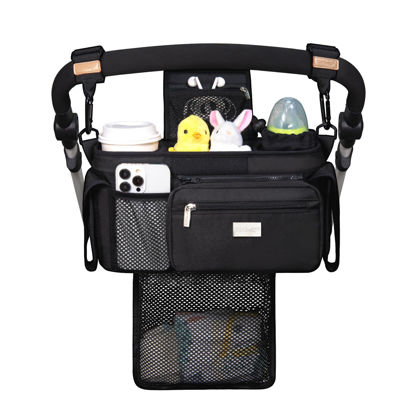 Picture of TOPDesign Universal Baby Stroller Organizer, Stroller Caddy with Detachable Mesh Bag & Heightened Insulated Cup Holders & Non-Slip Secure Hooks Accessories, Fits Most Strollers (Black)