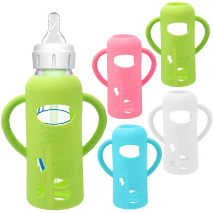 Picture of 4 Pack Silicone Sleeves for Dr. Brown's Glass Baby Bottles - Drop Protection Baby Bottle Sleeves,Compatible with Dr. Brown's Newborn Glass Bottles,with Silicone Handles,8 oz