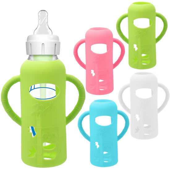 Picture of 4 Pack Silicone Sleeves for Dr. Brown's Glass Baby Bottles - Drop Protection Baby Bottle Sleeves,Compatible with Dr. Brown's Newborn Glass Bottles,with Silicone Handles,8 oz