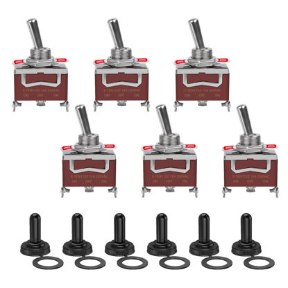 Picture of 6 Pack Toggle Switch, 3 Pin Toggle Switch 12V DC 30A/250V AC 15A, Heavy Duty SPDT ON Off ON Switch, Marine Waterproof Toggle Switch with Boot Cap Cover, for Cars Trucks, Racing Cars, Boats