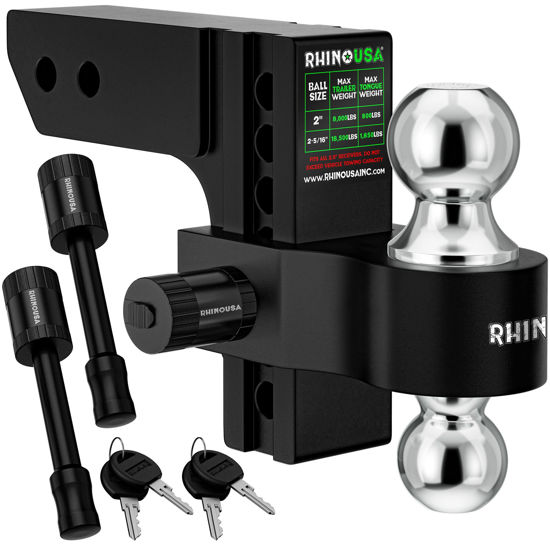 Picture of Rhino USA Adjustable Trailer Hitch (2-Inch Receiver) - Heavy Duty Aluminum Tow Hitches with 8-Inch Drop/Rise for Truck (12,500 LBS GTW) - Weatherproof Double Anti-Theft Locking Hitch Pins (Black)