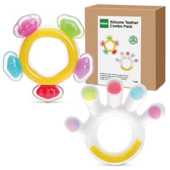 Picture of Haakaa Silicone Teether Combo - Baby Freezer Teething Toy - Soft Cold Teether - Soothe Teething Pain & Itching Gums - Perfect Size - Palm & Ferris Wheel Shape for 3M+ Babies BPA Free - 2 pk
