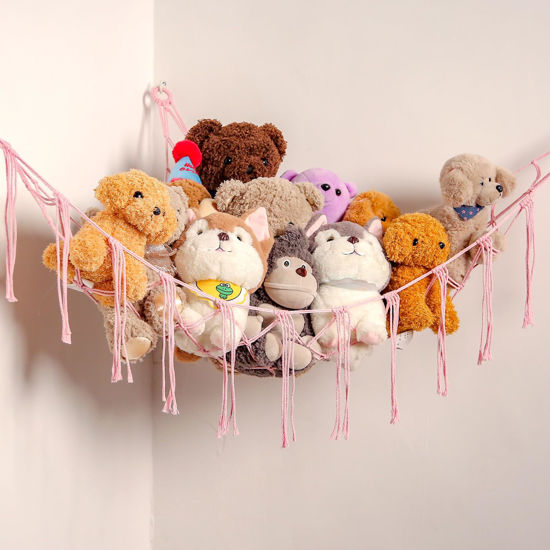 Picture of YKBU Stuffed Animals Hammock Corner Hanging Net for Macrame Stuffed Animal Storage Plush Toy Holder Toy Organizer for Boho Nursery Playroom Bedroom Kids Room Decor (light pink, Large)