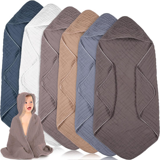 Picture of Peryiter 6 Pcs Muslin Hooded Baby Towels,32"x 32" Cotton Newborn Bath Towel Muslin Infant Baby Towels Absorbent Unisex Hooded Blankets,Newborn Registry Baby Gift for Girls Boys (Elegant Color)