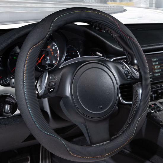 Picture of CAR PASS Colour Piping Leather Universal Fit Steering Wheel Cover,Perfectly fit for 14.5-15 inches for Various Vehicles Suvs,Vans,Trucks,Sedans,Cars(Black Multicolor)