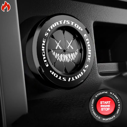Picture of Tybasthe Rotary Push Start Button Cover, Smile Demon Car Accessories Engine Start Stop Button Cover, Car Stickers Interior Decor, Motorcycle Ignition Key Switch Cover, Black