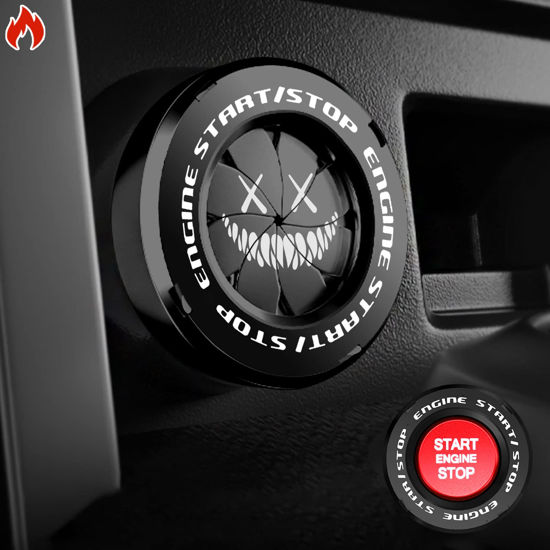 Picture of Tybasthe Rotary Push Start Button Cover, Smile Demon Car Accessories Engine Start Stop Button Cover, Car Stickers Interior Decor, Motorcycle Ignition Key Switch Cover, Black