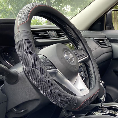 Picture of PINCTROT D Shaped 14 Inch Small Sized Steering Wheel Cover Great Grip with 3D Honeycomb Anti-Slip Design, Flat Bottom 14 Inch (Black/Red Stitch)