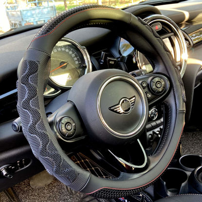 Picture of PINCTROT Small Size Steering Wheel Cover Great Grip with 3D Honeycomb Anti-Slip Design, 14 Inch (Black/Red Stitch)